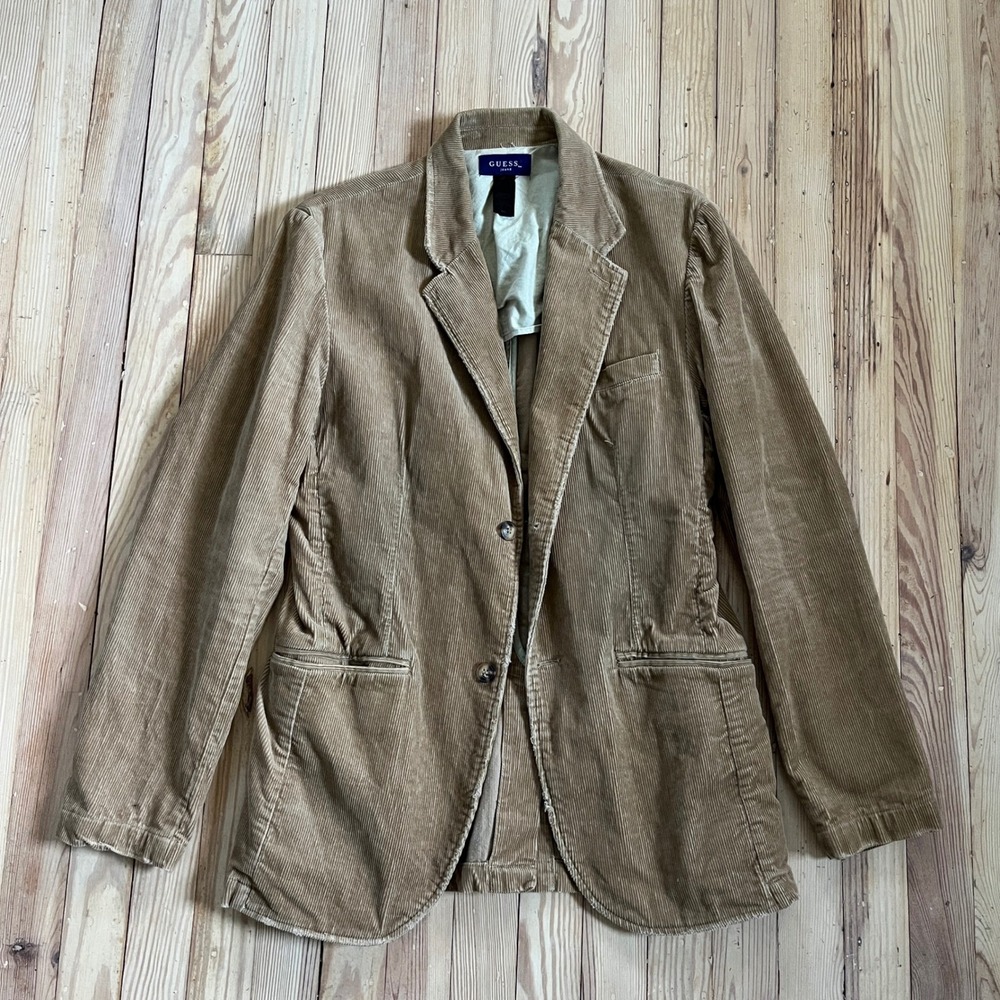 Guess Jeans Corduroy Blazer Tan Classic‎ Fit Casual y2k womens jacket distresed